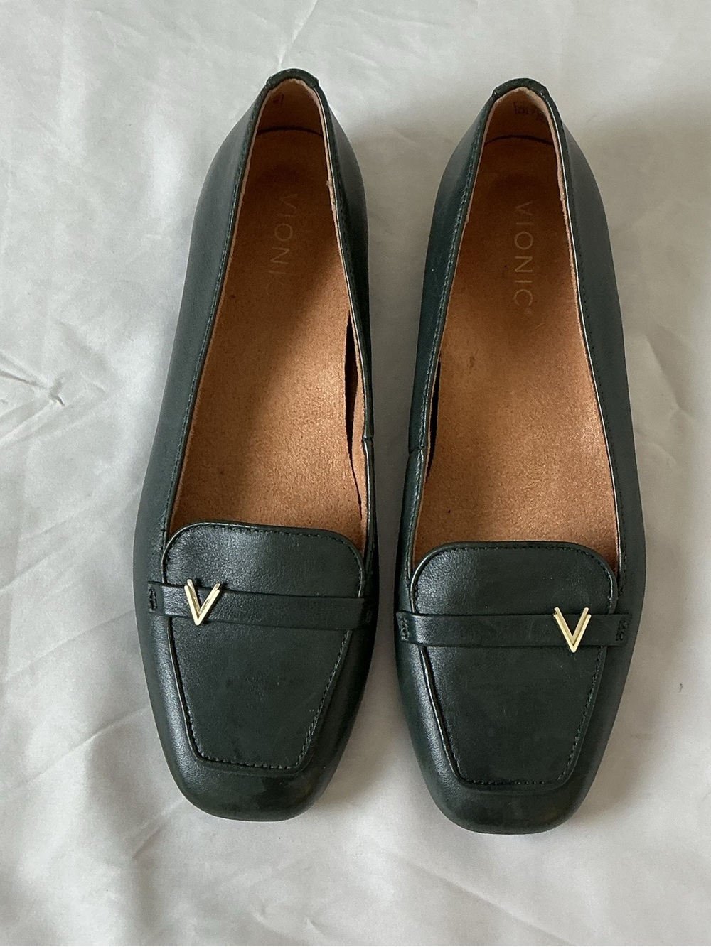 Vionic Forest Green Leather Square Toe Loafers with Gold Hardware